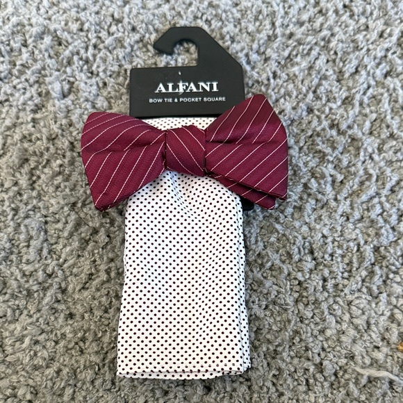 Alfani Burgundy Striped Bow Tie with Polka Dot Pocket Square - Picture 1 of 3